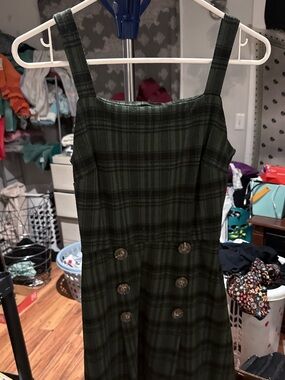 Plaid Mini Dress with Front Button Detail — Dark Green